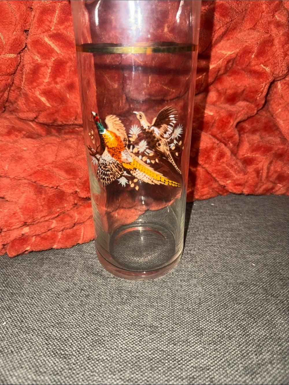 VINTAGE Mid-Century Golden Pheasant Glass Pitcher Barware MCM Gold Rim Hunting L